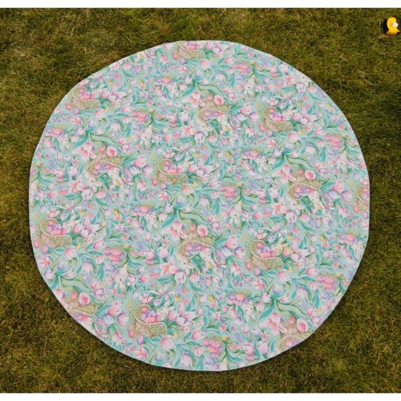Vintage Round Easter Floral Tablecloth With Bunnies Eggs Flowers 58" - Picture 2 of 6